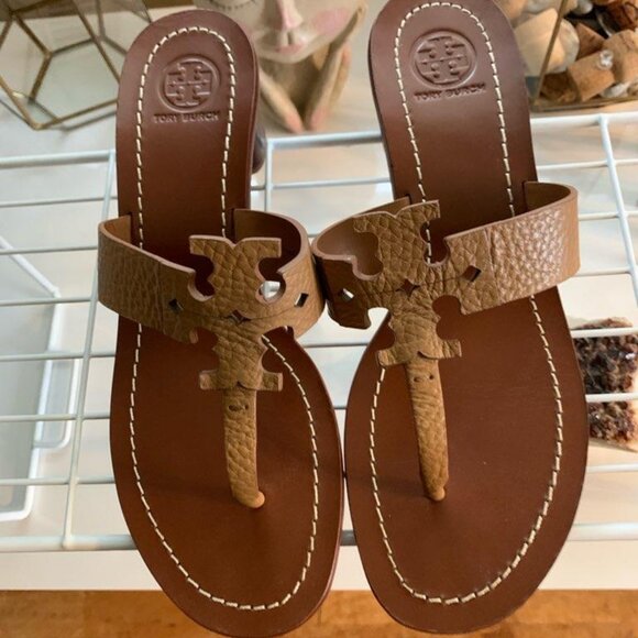 Tory Burch - Tan Logo Thong Leather Sandals w  Heel - Picture 1 of 7